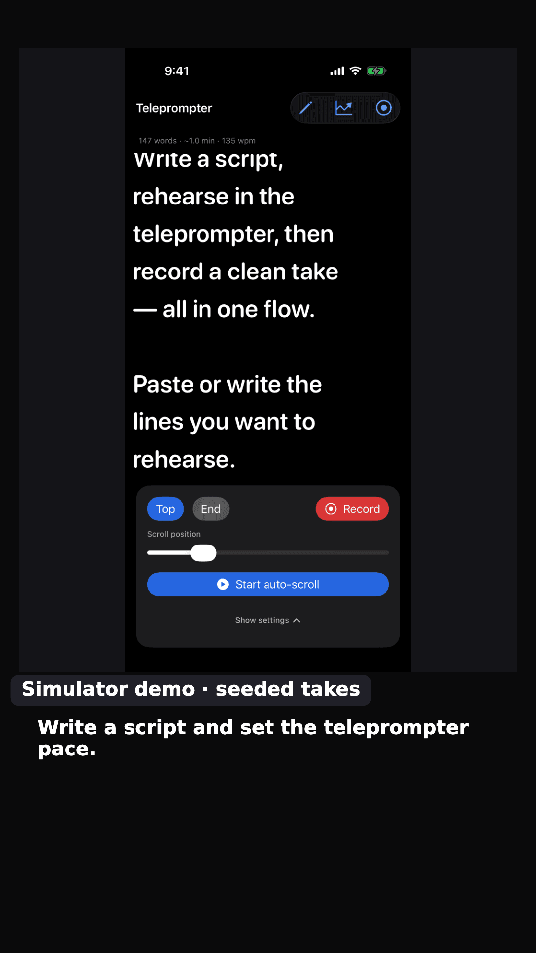 GoScript teleprompter screenshot with a script and pacing controls