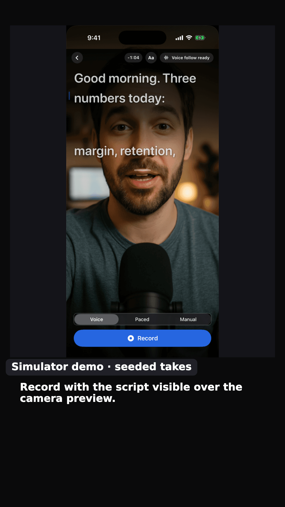 GoScript recording screen with the script visible over a demo camera preview and Record control