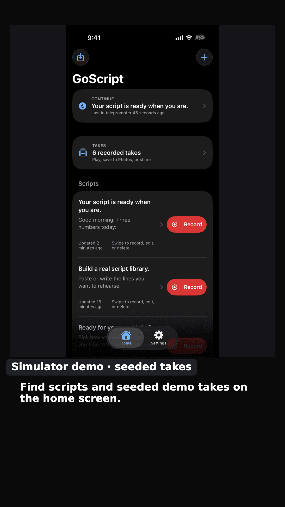 GoScript home screenshot with scripts and seeded demo takes