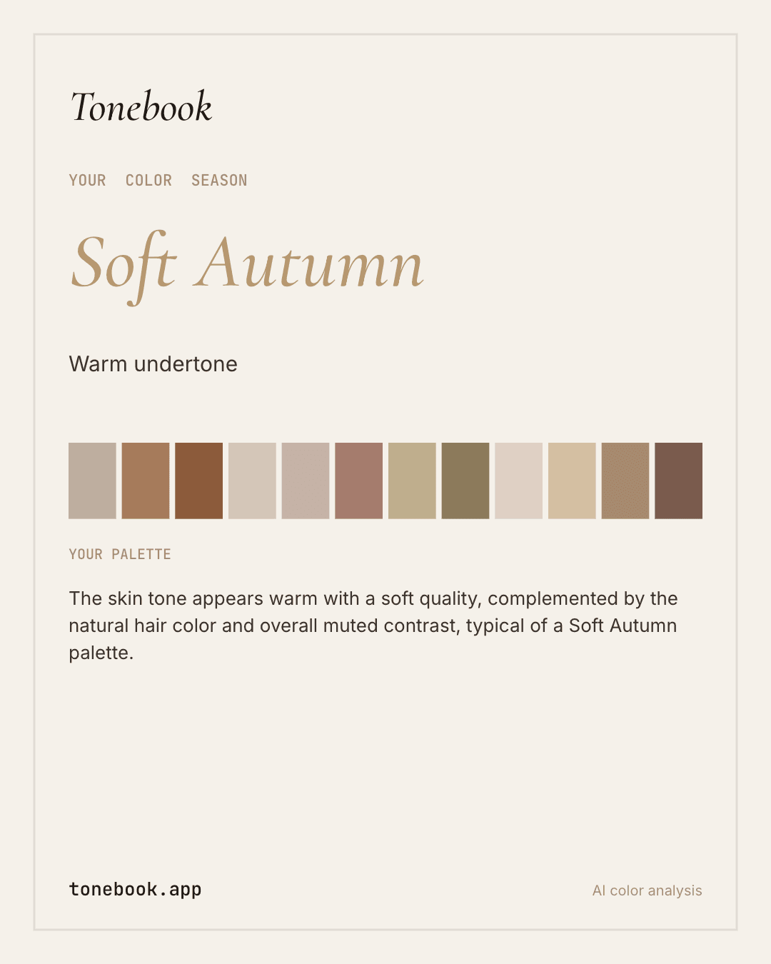 Downloaded Tonebook web result showing Soft Autumn and warm undertone for the synthetic demo portrait